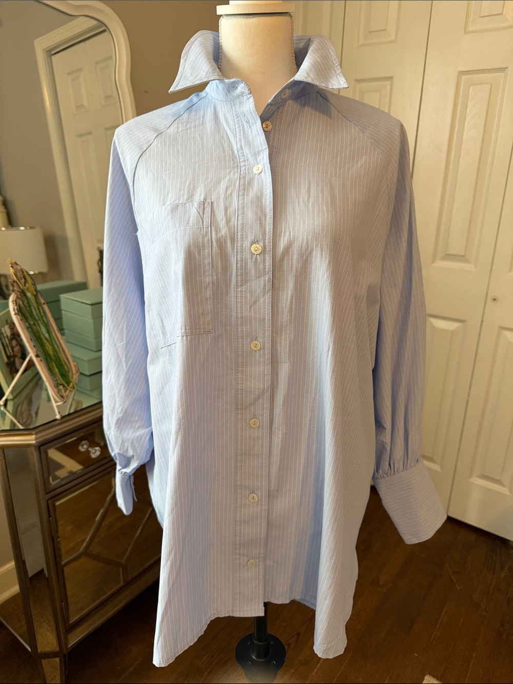 TOPSHOP Light Blue Pinstripe Shirt - Statement Sleeves & Collar Oversized 8P ❤️